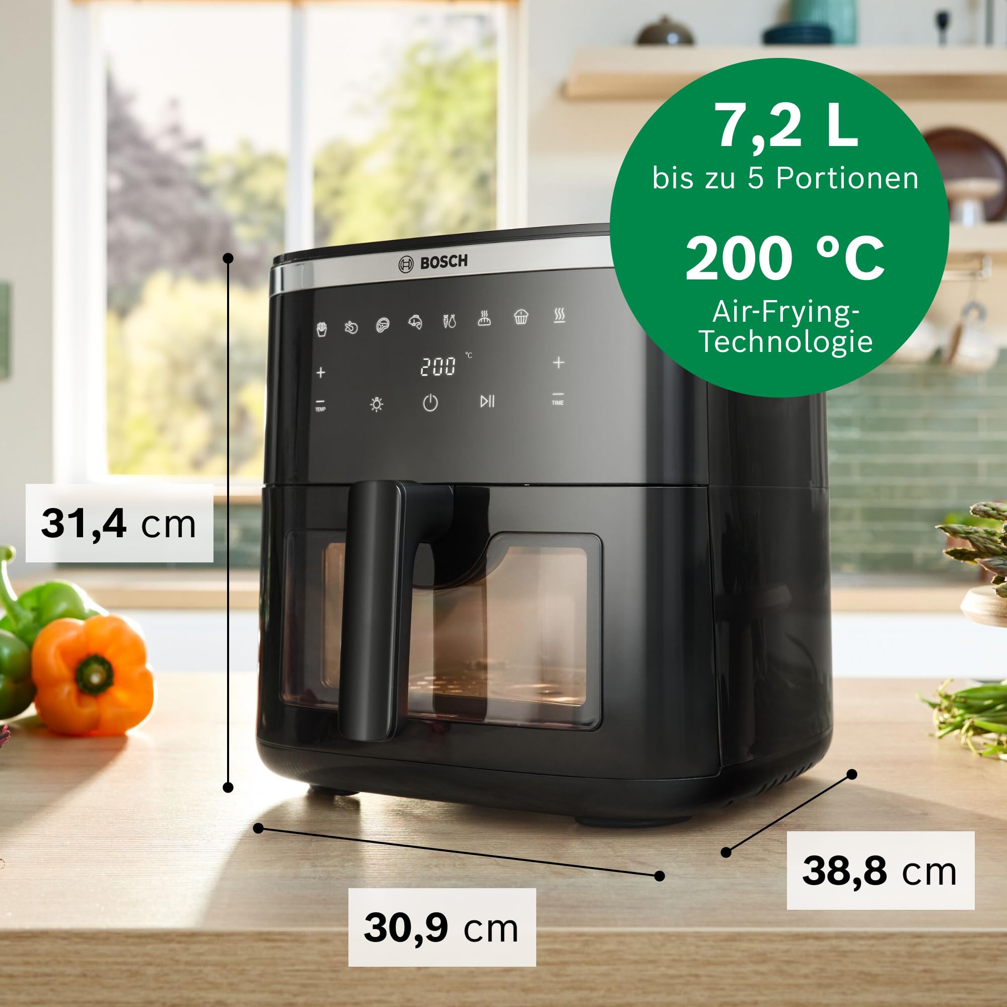 Bosch Heißluftfritteuse Serie 6, XXL 7,2 L Fassungsvermögen, 7 voreingestellte Programme, beleuchtetes Sichtfenster, bis zu 65% schnelleres Kochen, AirFryer in Schwarz, MAF671B0 2