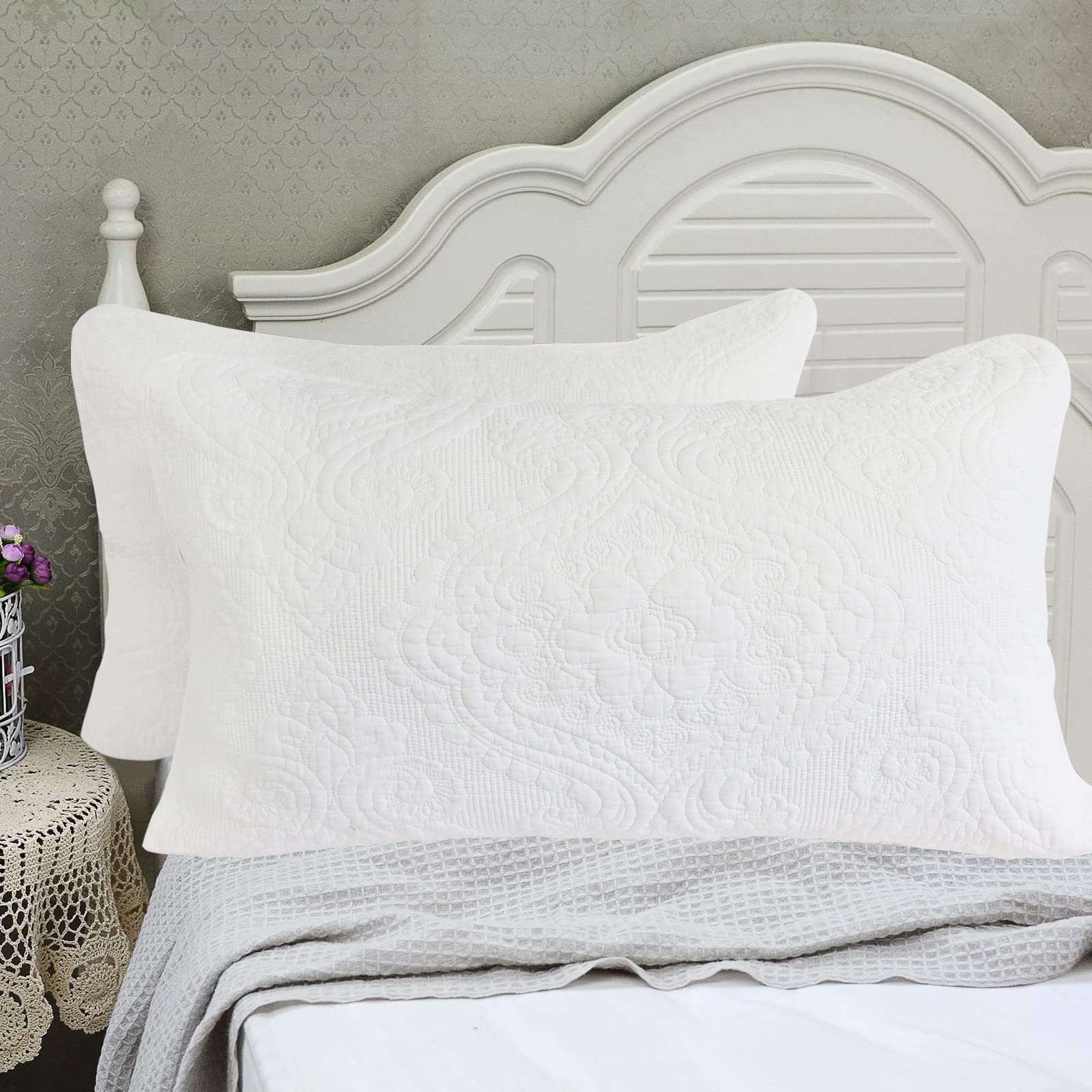 Brandream White Damask Quilted Pillow Shams Cotton Standard Size Pillow Cases Set of 2 Comfy Soft Decorative Pillow Covers