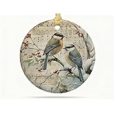 HONLUNG Vintage Christmas Birds Ornament, Rustic Winter Bird Round Ceramic Ornaments for Christmas Tree Decoration,Xmas Bird Decorative Hanging Ornaments Keepsake