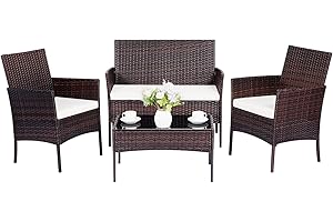 PAIQIAN Patio Furniture Set 4 Pieces Conversation Sets Outdoor Wicker Rattan Chairs Garden Backyard Balcony Porch Poolside Loveseat with Soft Cushion and Tempered Glass Table(Brown/Beige)