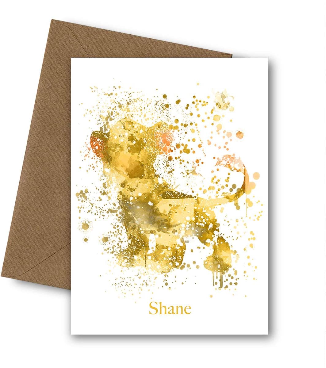 PERSONALISED Simba Cub Birthday Card (Watercolour Style) for Son, Daughter, Mum, Dad, Sister, Brother, Auntie, Teacher. Naming Day, New Baby, Thank You, Mothers, Fathers Day. Disney Lion King