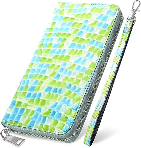 Amazon Nattarika ラウンドファスナー 長財布 レディース ステンドグラス キャンディー 牛革 クロコ型押し エナメル キラキラ ブルー グリーン 財布