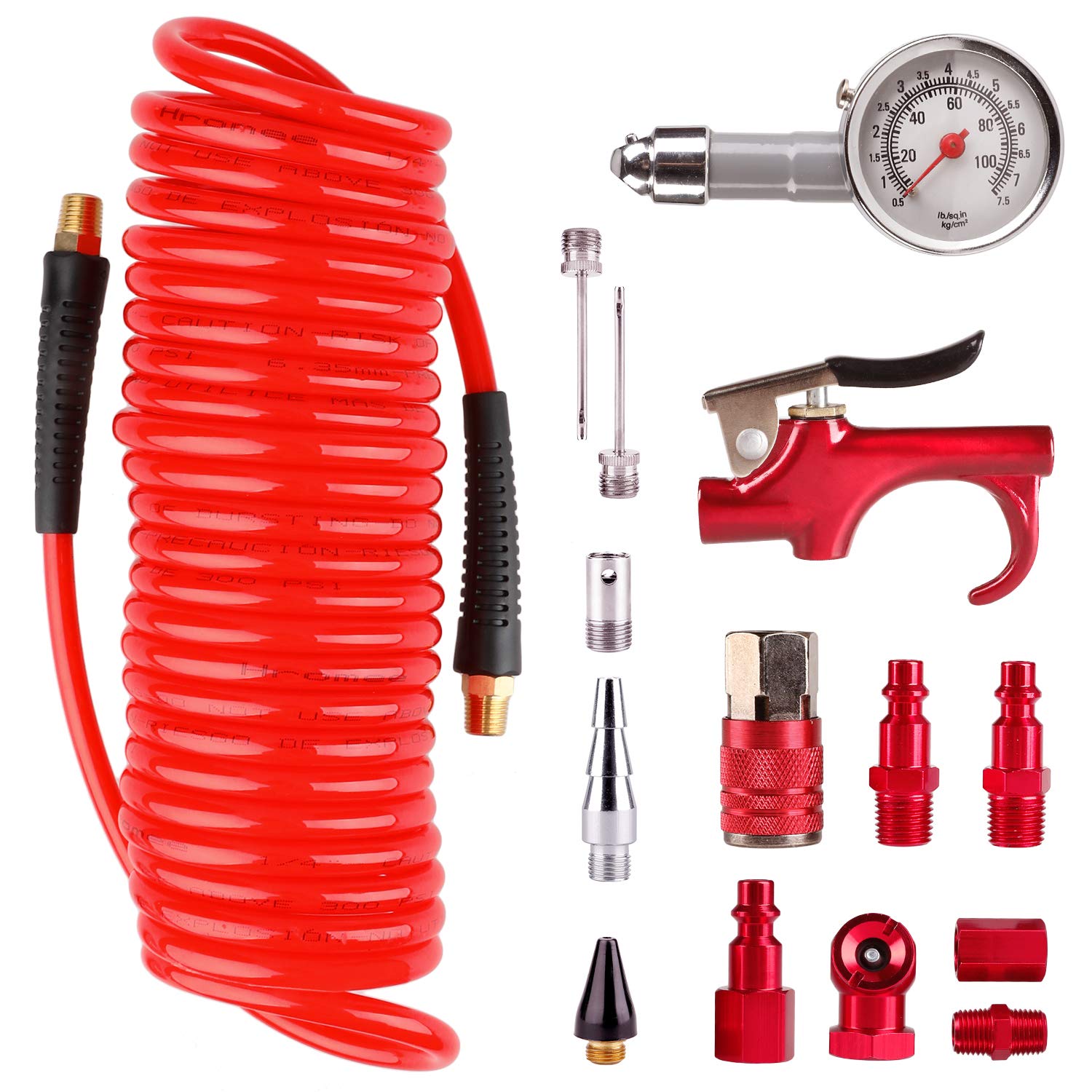 Hromee 16 Pieces Air Compressor Accessory Kit with 1/4 Inch Recoil Poly Air Hose, Blow Gun and Fittings Inflation Kit with Needles, Ball Chuck and Tire Pressure Gauge