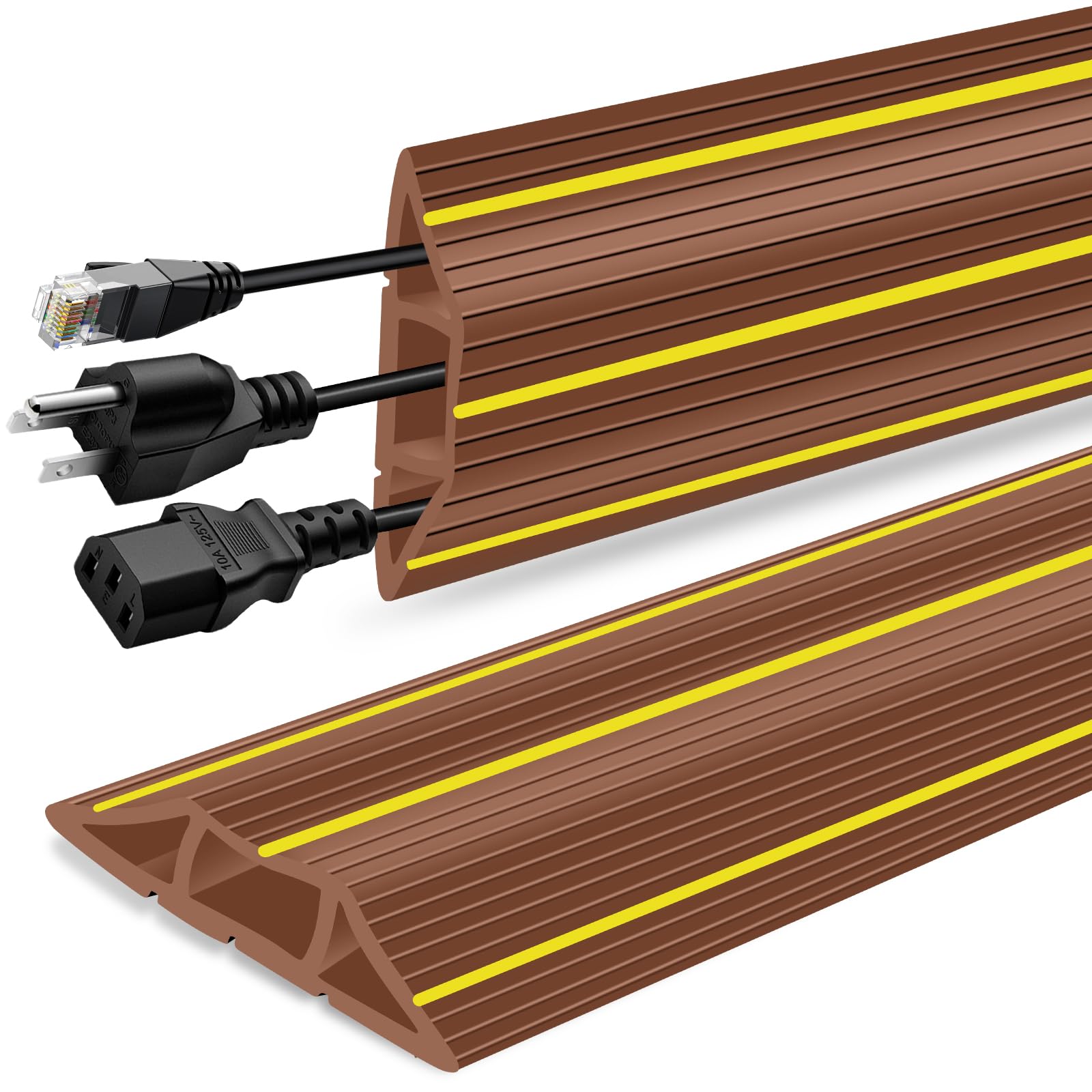 Floor Cable Cover 1M, Outdoor Cable Protector with 3 Large Cord Channel, Heavy Duty PVC Wire Cover for Cables Tidy Floor Hide Cables & Prevent A Trip Hazards, Brown & Yellow