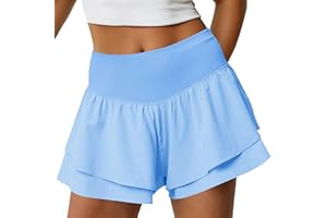 Fisoew Womens High Waisted Athletic Shorts Ruffle Tiered Running Workout Tennis Shorts with Build in Shorts