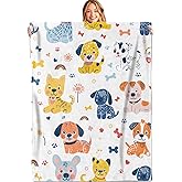 MIEPOS Cute Puppy Dog Throw Blanket, 50x60in, Soft, Lightweight Flannel,Adorable Cartoon Dogs with Rainbow, Flowers, and Bones on White Blankets, Gifts for Kids, for Home Living Room Decor