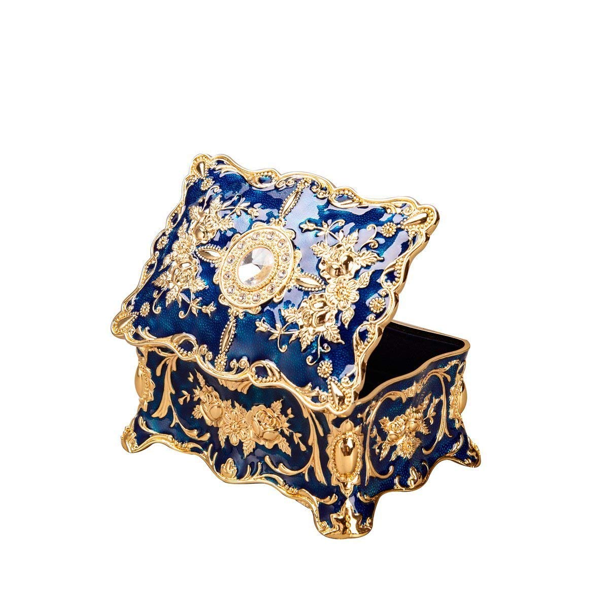 Feyarl Vintage Jewellery Box Small Trinket Box Blue Ornate Jewelry Case Ring Earring Organizer Box Antique Keepsake Box for Wedding Birthday Valentines Gift (4.72 x 3.34 x 2.24inch)
