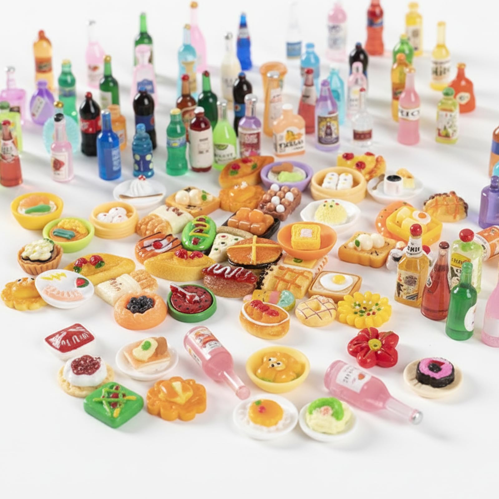 Mini Brands Food, 80 Pcs Mini Food and Drink Toys, Random Assortment of Doll House Accessories, Resin Miniature Food for Pretend Play and Role Play Games