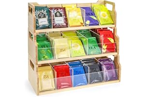 ZAVOOS Tea Bag Organizer, 3 Tier Large Stackable Tea Station Storage Box with 15 Compartments, Wooden Teabag Holder Sugar Packets Chest with Acrylic Divider for Kitchen, Countertop, Cabinet, Pantry