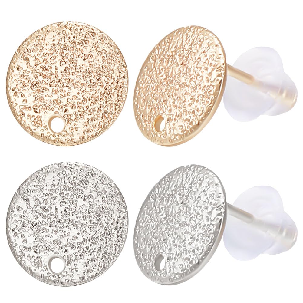 Beebeecraft 32Pcs 2 Colors Flat Round Earring Findings 18K Gold & Platinum Plated Frosted Surface Round Earring Post with Hole and 40Pcs Plastic Ear Nuts for Earring Jewelry Making