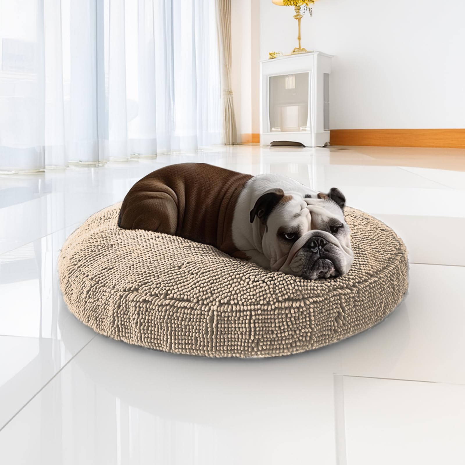 Muddy Mat® Cloud K-9 Bed for Dogs & Cats, Soft & Relaxing Donut Dog Bed, Chenille Material, Removable Cover, Washable & Dryer Safe–Beige Small(25'x25') Image