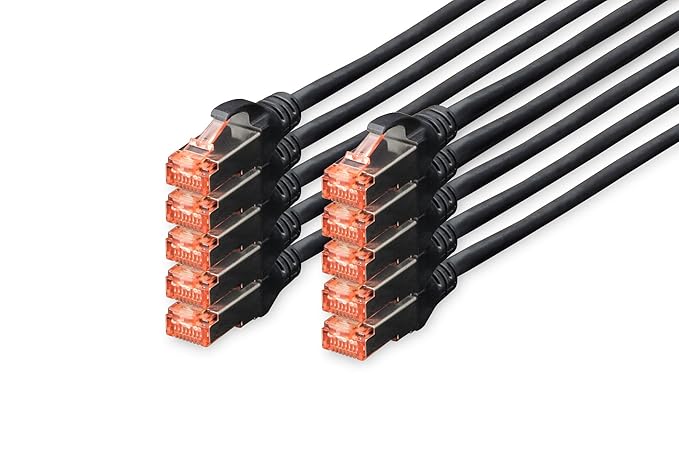 DIGITUS - 10 Stück - CAT 6 S-FTP Patchkabel, 1m, Netzwerk LAN DSL Ethernet Kabel, LSZH, Kupfer, AWG 27/7, Set, Schwarz