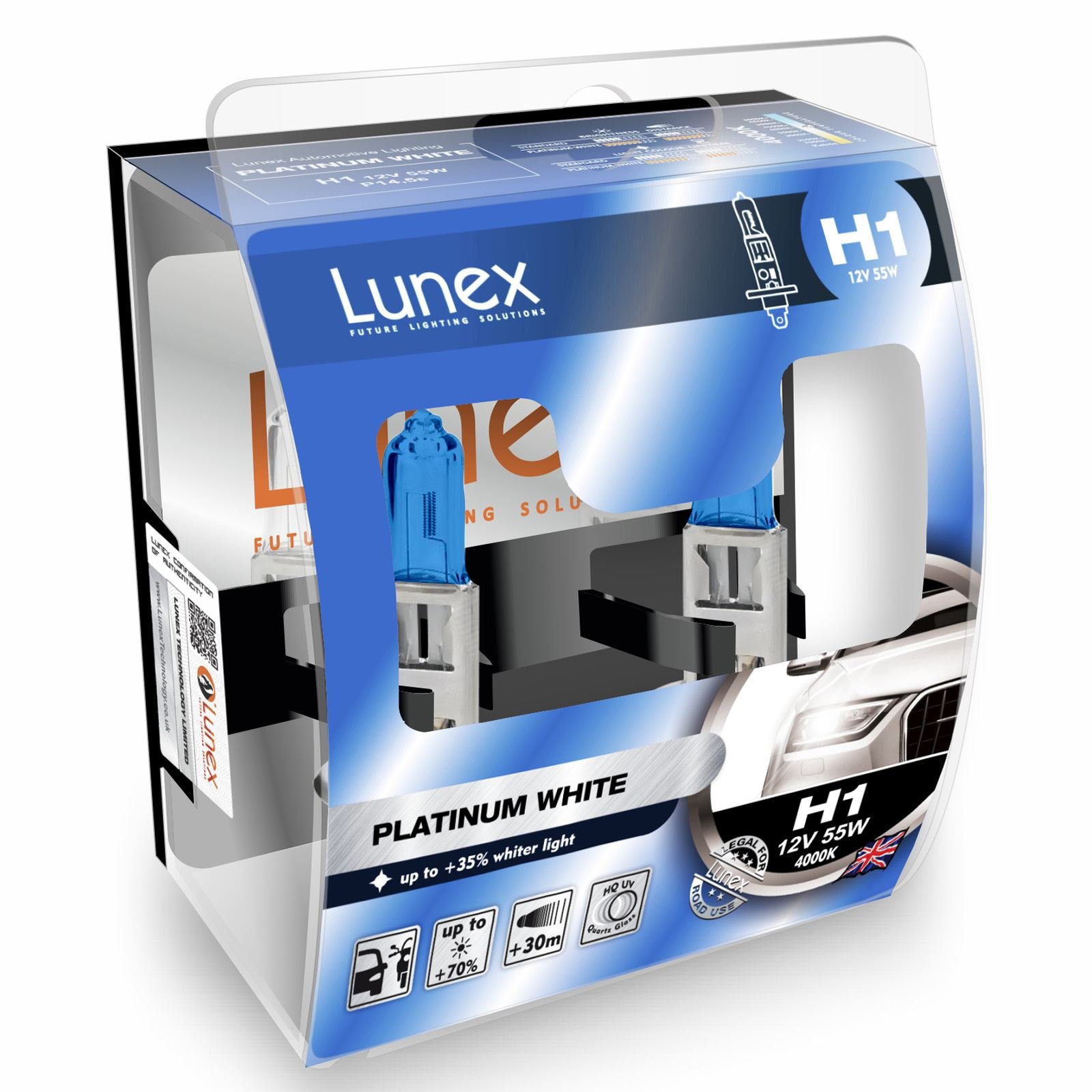 LunexH1 PLATINUM WHITE Headlight Halogen Bulbs 448 12V 55W P14,5s 4000K duobox (2 units)
