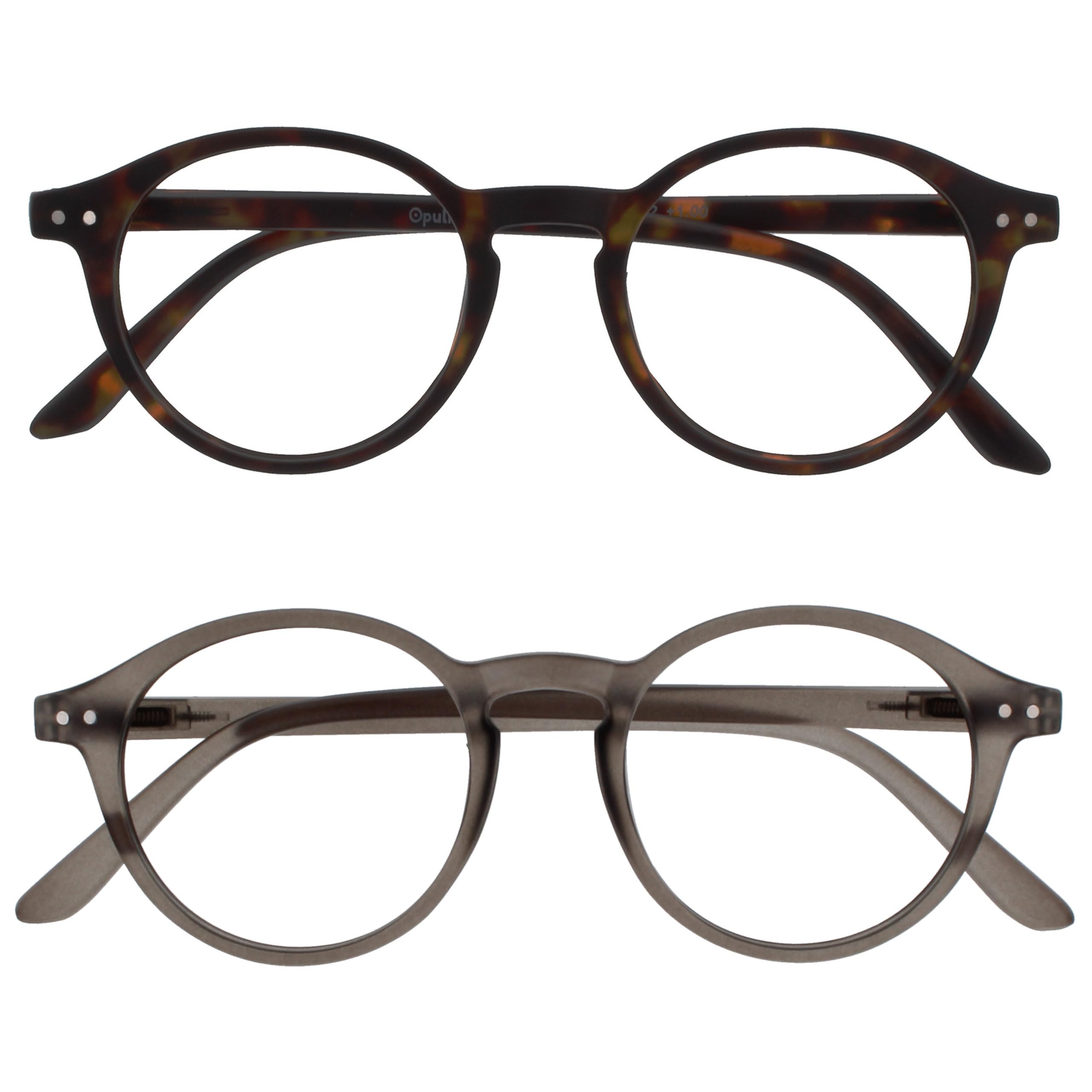 OPULIZE REY Reading Glasses - 2-Pack - Retro Round Frame - Matt Brown Tortoiseshell, Grey - Mens Womens - Spring Hinges - RR56-27 - +3.00