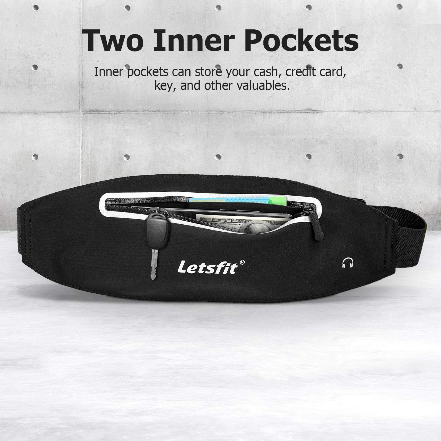 Letsfit Running Belt Waist Pack, Water Resistant Waist Bag for Running Hiking Cycling Climbing, Adjustable Running Pouch Belt for iPhone XR XS MAX 8 7 Plus Samsung Galaxy, Black