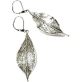 Long Antiqued Pewter Leaf Lever Back Earrings