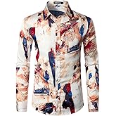 ZEROYAA Men's Hipster Printed Slim Fit Long Sleeve Button Up Satin Dress Shirts