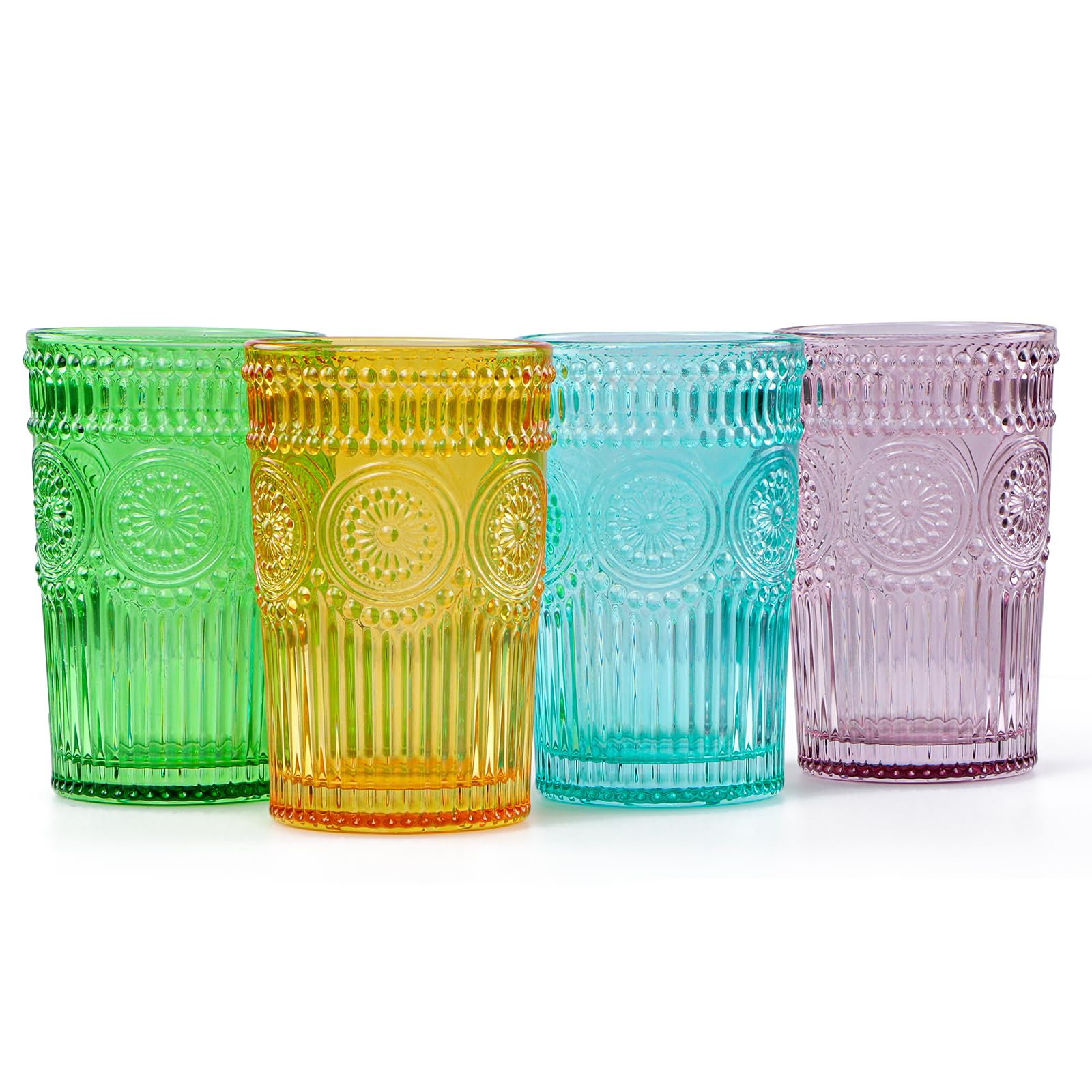 BIMUYI Glassware Tumblers, Vintage Embossed Drinking Glasses, Colored Water Cups, Set of 4, Capacity 370ml