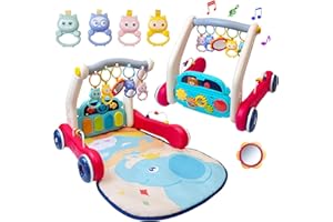 CUTERABIT Baby Gym Play Mat & Baby Walker, Baby Activity Center with Music and Light, Tummy Time Mat, Push Toys for Toddler, Detachable Play Piano and Rattles for Newborn Babies Infants Boys Girls