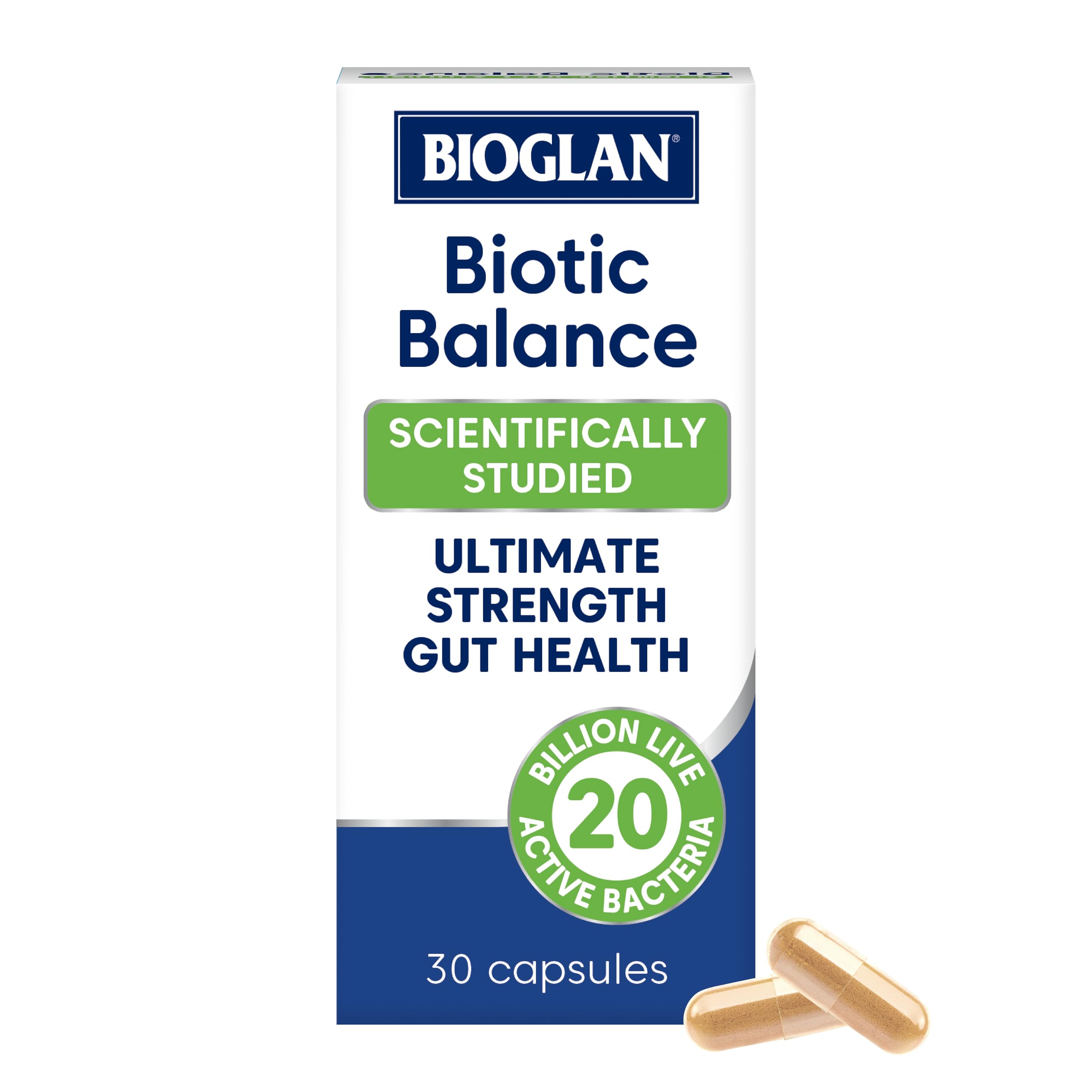 Bioglan Biotic Balance Probiotic 20 Billion - 4 Live Cultures (Lactobacillus Acidophilus, Rhamnosus, Bifidobacterium Longum & Saccharomyces Boulardii) - Gut & Digestive Health Support - 30 Capsules
