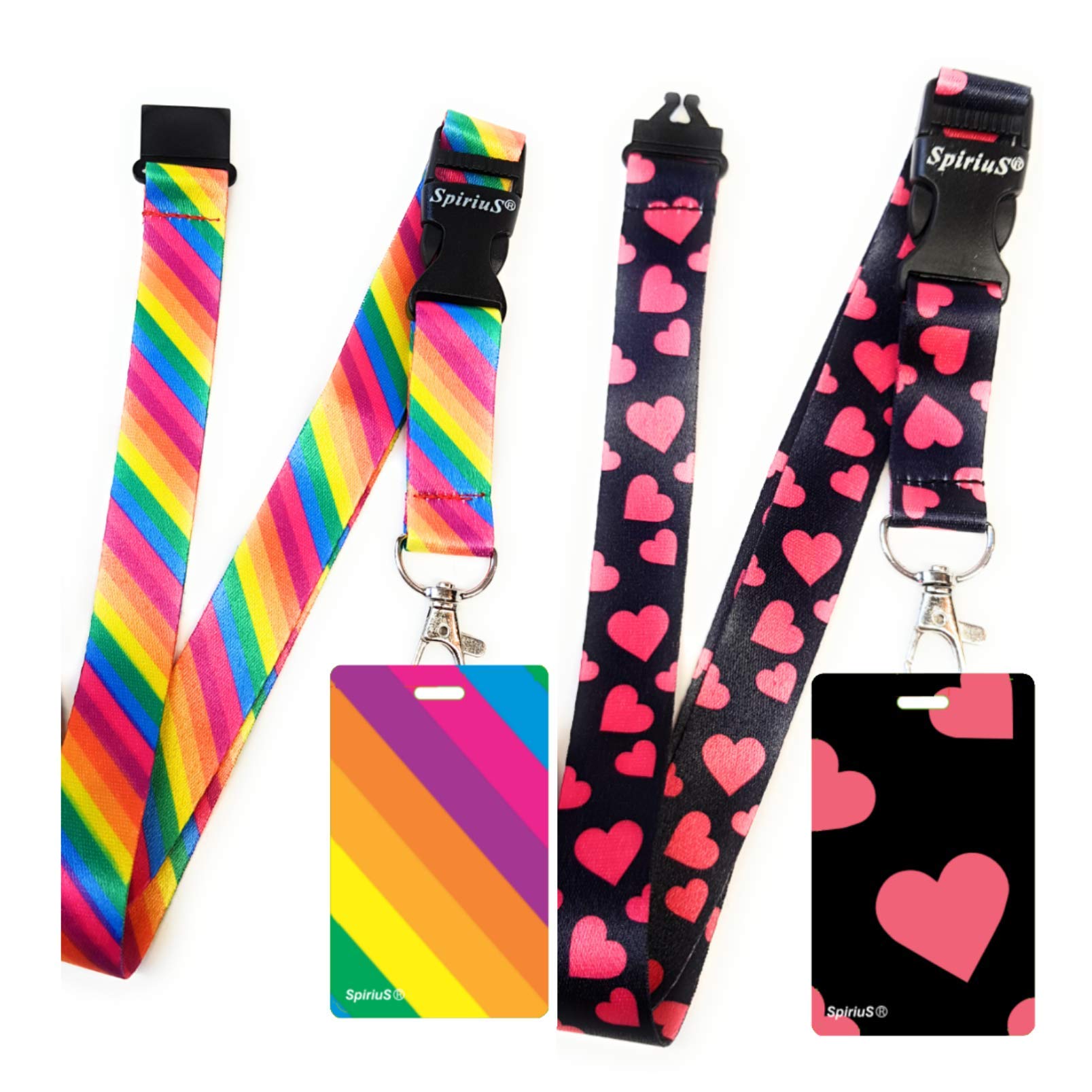 2 x SpiriuS Lanyard Neck Strap with Unique Soft PVC Badge Holder, Two-Sided Printed Can Hold ID Keys mp3 USB Set of 2 Items (Rainbow Stripes + Pink Hearts)