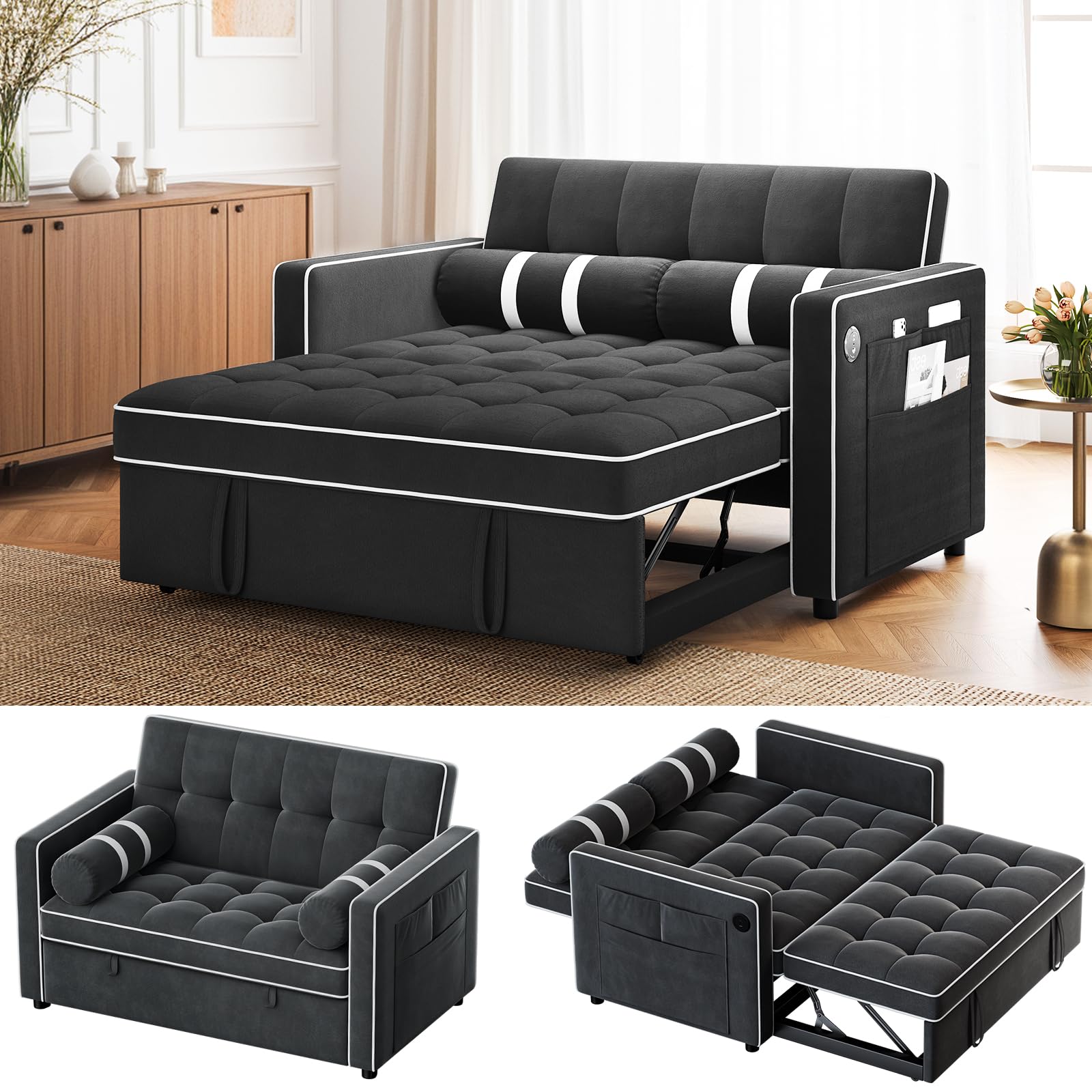 Photo 1 of **********INCOMPLETE ITEM, THIS IS ONLY Box 2 of 2**********************
Amada 3 in 1 Convertible Sleeper Sofa Bed, Futon Couches for Living Room with USB Ports&Side Pocket | Adjustable Backrest| Velvet Fabric | Pull Out Couch | Loveseat | Sectional Sofa