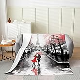Eiffel Tower Flannel Fleece Throw Blanket,Paris Street Scenes All Season Bed Blanket Fuzzy Blanket For Bed Sofa Couch,Romantic Valentines Red Trip Design Bedroom Decor Plush Blanket Throw 50"x60"