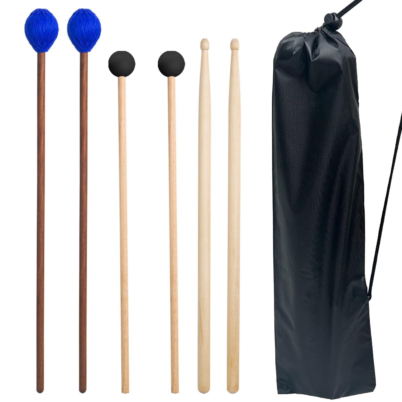 VixxNoxx Drum Mallets Kit – 3 Pairs (Rubber, 5A, Marimba) with Drum sticks Bag, Percussion instrument Accessories for Steel Drum, Glockenspiel, Bass Drum, Cymbals, Xylophone Mallets for Beginners