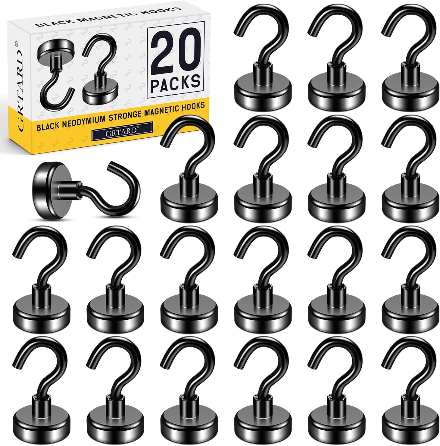 Grtard 20 Pack Magnetic Hooks, 22 lb+ Black Neodymium Magnet Hooks Heavy Duty, Magnets with Hook for Fridge, Strong Magnetic Hook for Cruise, Small Holder for Tool, Kitchen, Ceiling, Office