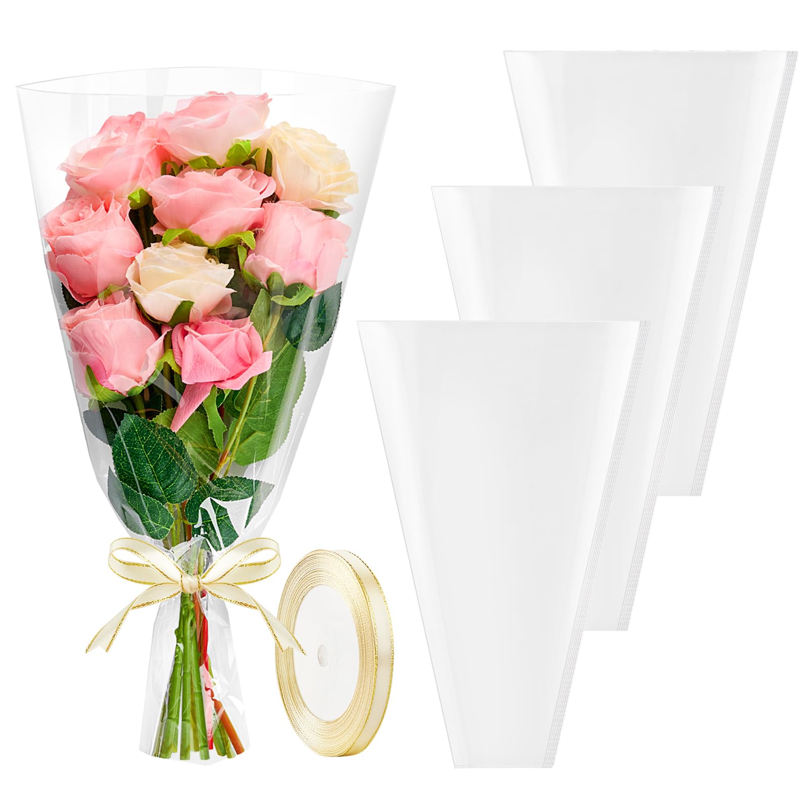 View 1 of **MISSING PARTS** Mauproy 100 Pack Clear Flower Bags for Bouquets, Cellophane Floral Bouquet Sleeves with Straight Edges and Ribbons for Mother's Day Wedding Florist Supplies (18 x 12 Inches)