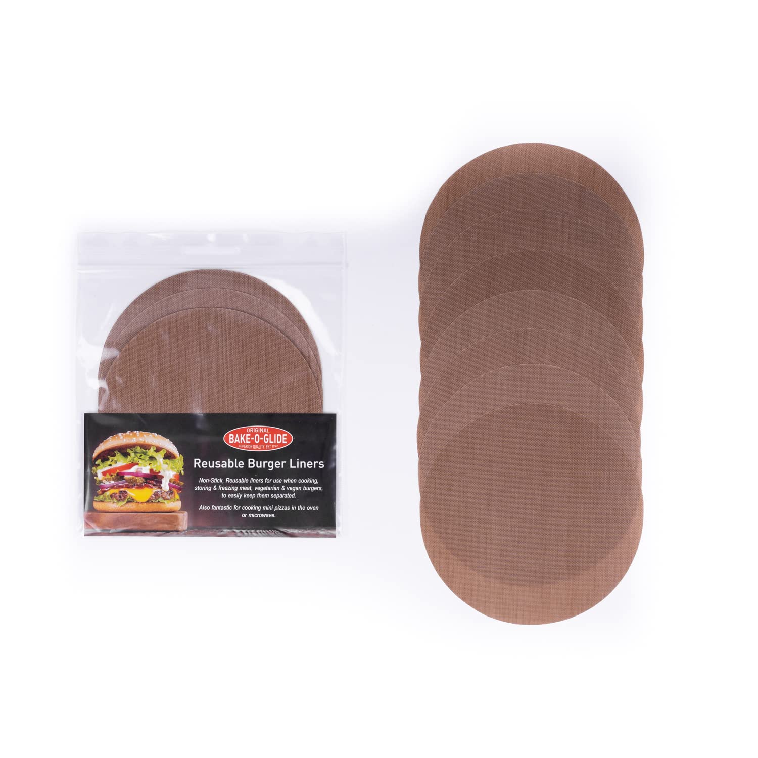 Bake-O-Glide Reusable Non-Stick Burger Liners, Pack of 12, 11.5cm Diameter,Brown
