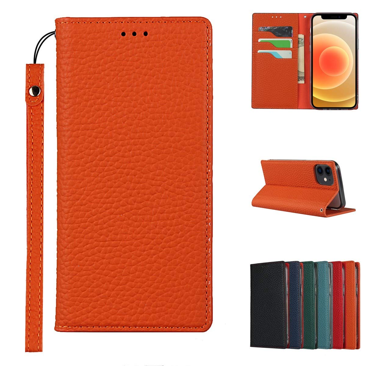 Copmob Case Compatible for iPhone 12 Mini With Card Holder With Strap,Genuine Leather Flip Wallet Case,[3 Slots][Magnetic Closure][RFID-Blocking],Phone Case Cover for iPhone 12 Mini - Orange