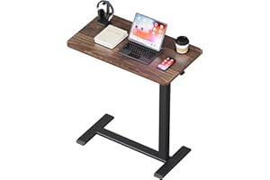 BIZUM Adjustable Bedside Table with Swivel Hidden Wheels Pneumatic Rolling Desk Mobile Standing Desk with Cup Holder for Hospital Home(27.6"x15.8" Walnut)