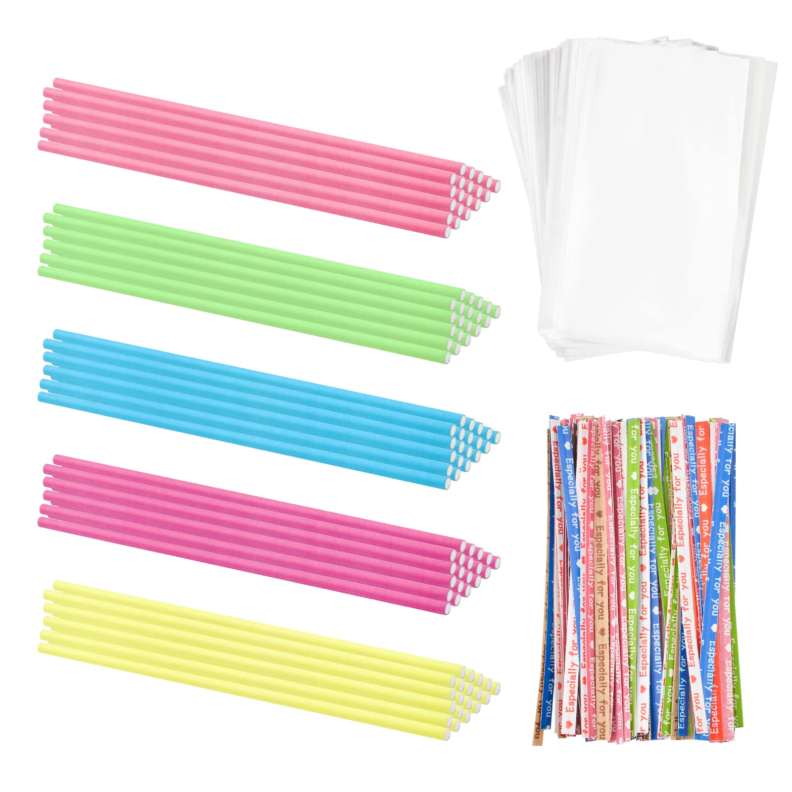 WANDIC Lollipop Cake Pop Kits, 100 Pcs Colorful Papery Sticks & 100 Pcs Clear Candy Bags & 100 Pcs Twist Tie Cake Pop Sticks and Wrappers for Making Lollipop Candy Chocolate Cookie Dessert
