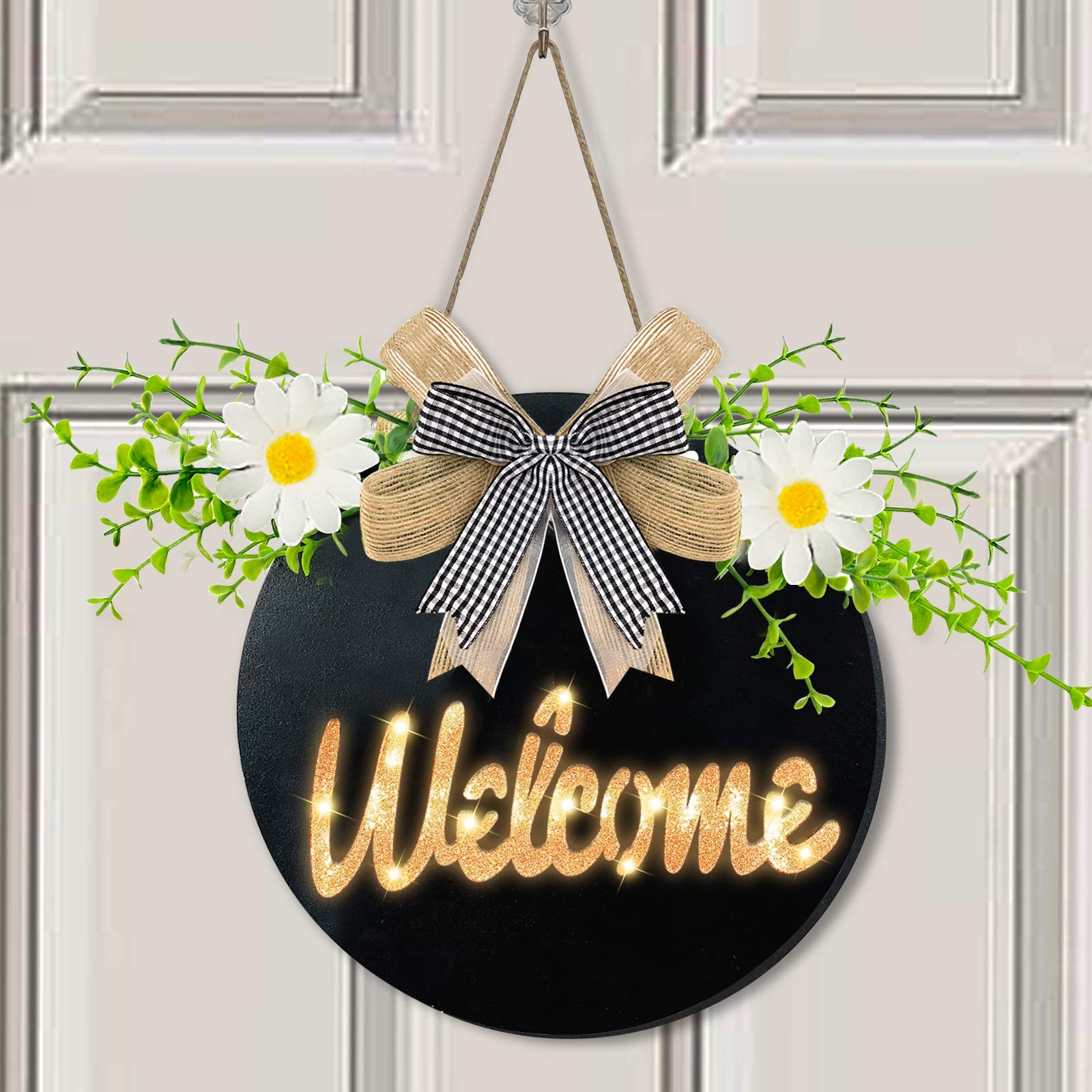 AMENON Wooden Welcome Wreath Sign with Pre-lit Light for Front Door Wall Porch Decor Battery Powered Timer Eucalyptus Bowknot Welcome Wreath Hanging Sign for Spring Summer Home Decoration, Black