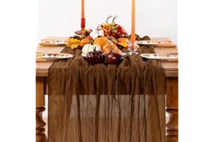 DeZerlor Brown Cheesecloth Table Runner Tan Fall Table Runner Boho Gauze 120 Inches Marron Cheese Cloth Fall Table Decorations for Thanksgiving Wedding Bridal Baby Shower Tea Party Decor