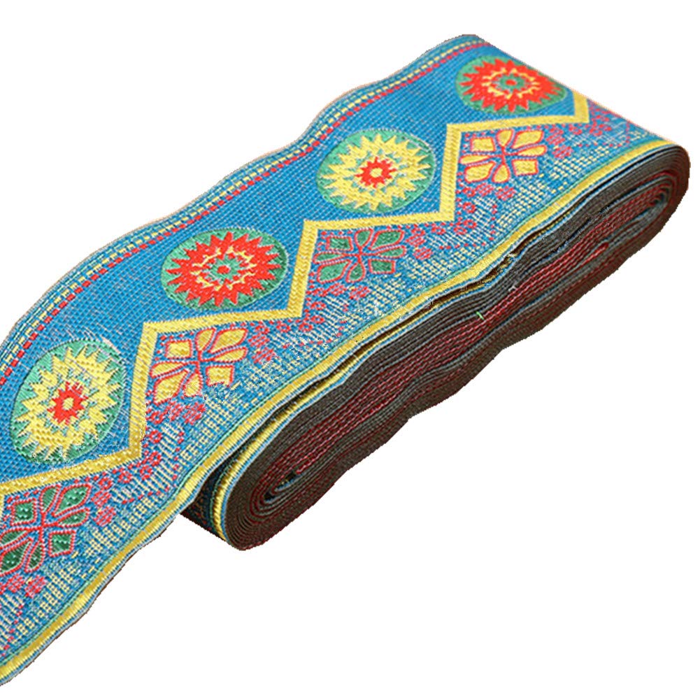 7 Meters Sunrise Sunset on The Moutain Jacquard Ribbon Suzani Floral Lace Embroidered Woven Trim for Embellishment Craft Supplies (Sky Blue, 5cm)