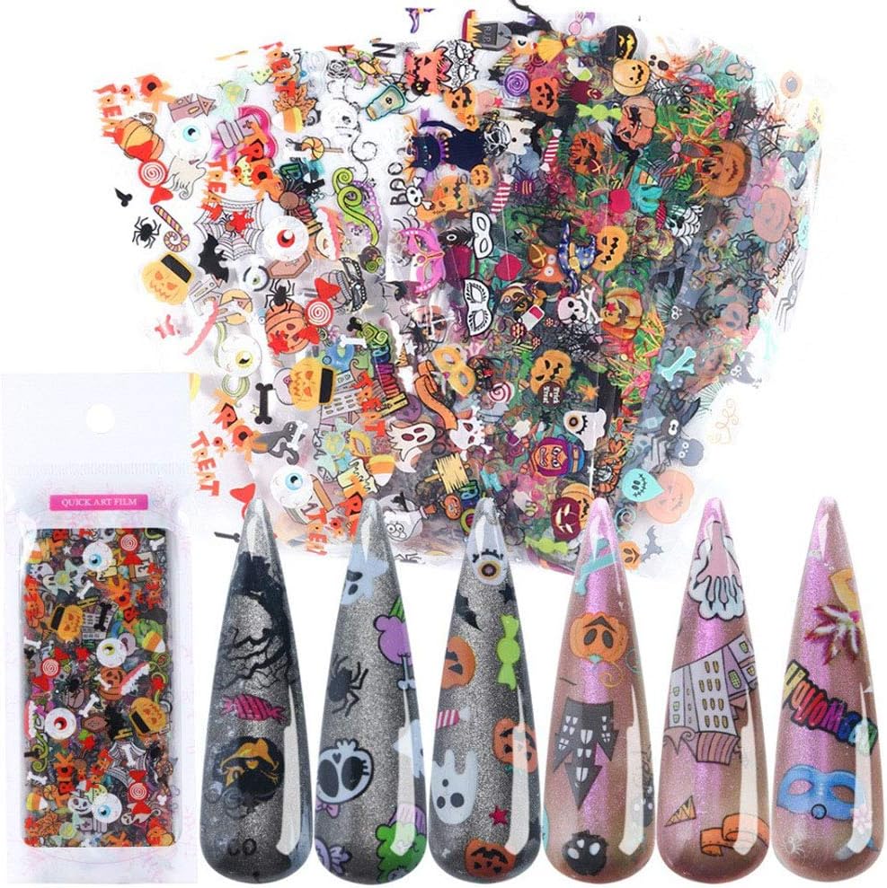 Lookathot 10Sheets Laser Halloween Christmas Snowflakes Pattern Sky Stars Nail Art Stickers Symphony Foil Paper Printing Transfer Acrylic Decals DIY Decoration Tools (Halloween（10sheets）)