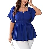 SCOMCHIC Womens Plus Size Peplum Tops Off The Shoulder Blouses Smocked Ruffle Babydoll Summer Top