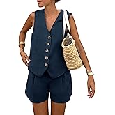 Tomosc 2 Piece Outfits for Women Summer Bussiness Linen Sets Sleeveless V Neck Vest Button Waistcoat and Pockets Shorts