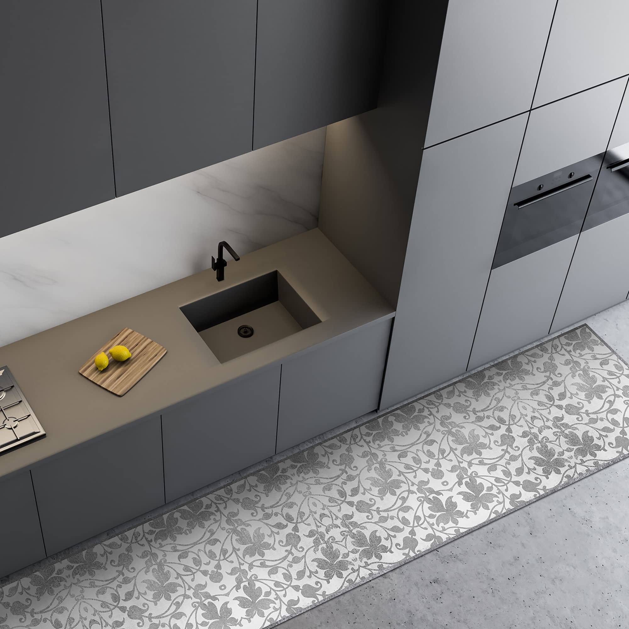 CREARREDA Rug - 240 x 50 cm Damask Cement Vinyl Non-Slip and Washable Kitchen Runner Made of Vinyl, 100% Made in Italy Carpet for Living Room