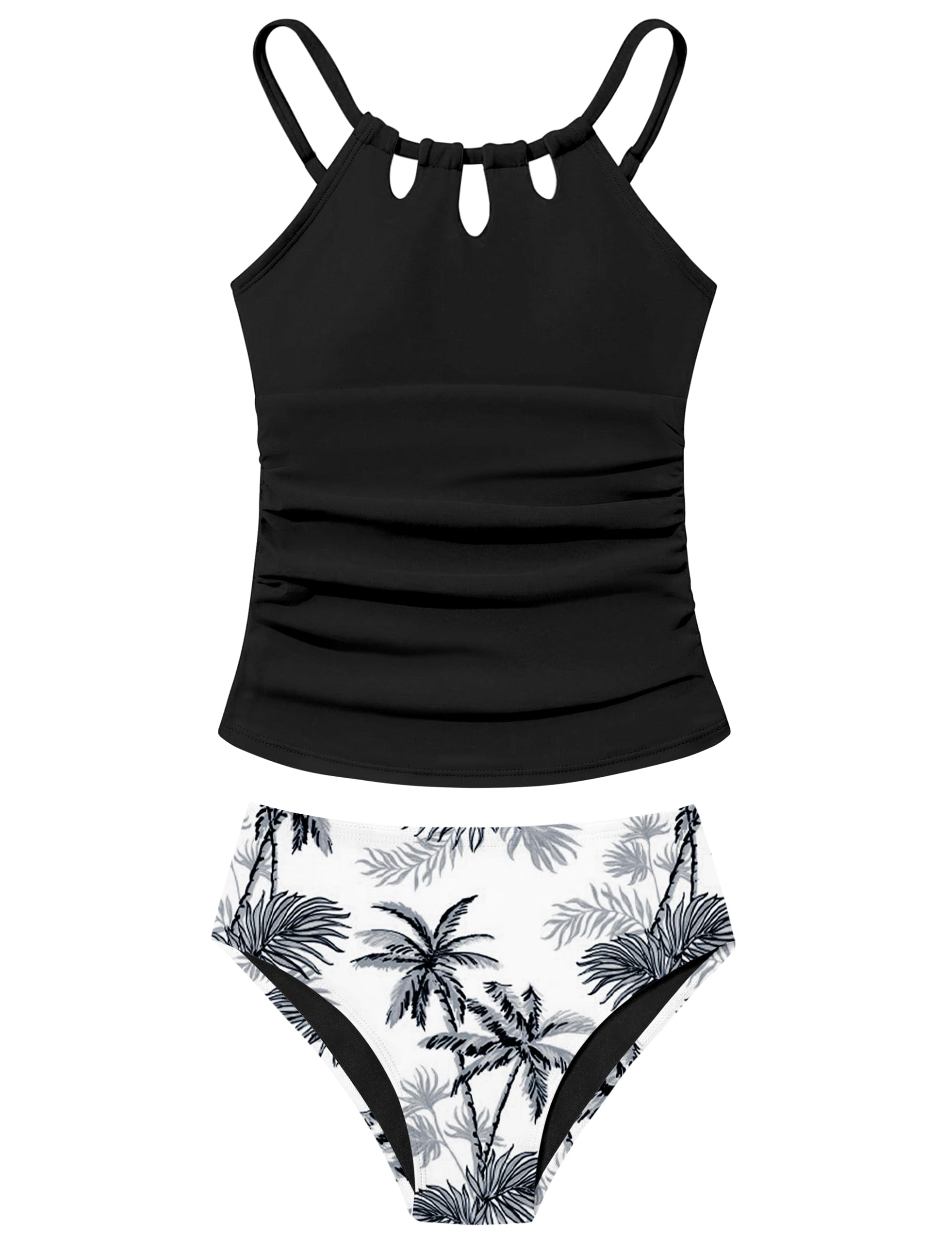 Photo 1 of BAVADER Girls Swimsuit Cutout Teen Swimsuits for Girl 12-14 Bathing Suits Size 12 14 Palm Tree Teen Bathing Suits for Girl 12-14 Two Piece Swimsuits Removable Padded Girls' Swimwear Tankini Black