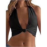 OYOANGLE Women's Twist Front Ruched Sleeveless Halter Crop Top Low Cut Backless Y2K Concert Tops Streetwear
