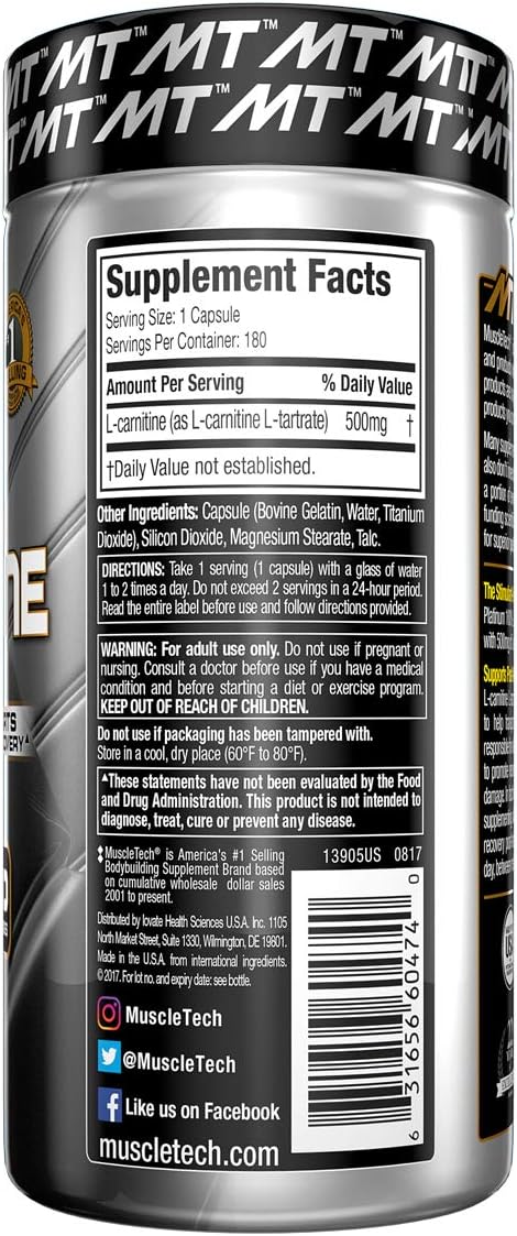 MuscleTech L-Carnitine Supplement, 500mg Acetly-L-Carnitine, Post Workout & Muscle Recovery, 180 Servings (Packaging may vary): Health & Personal Care