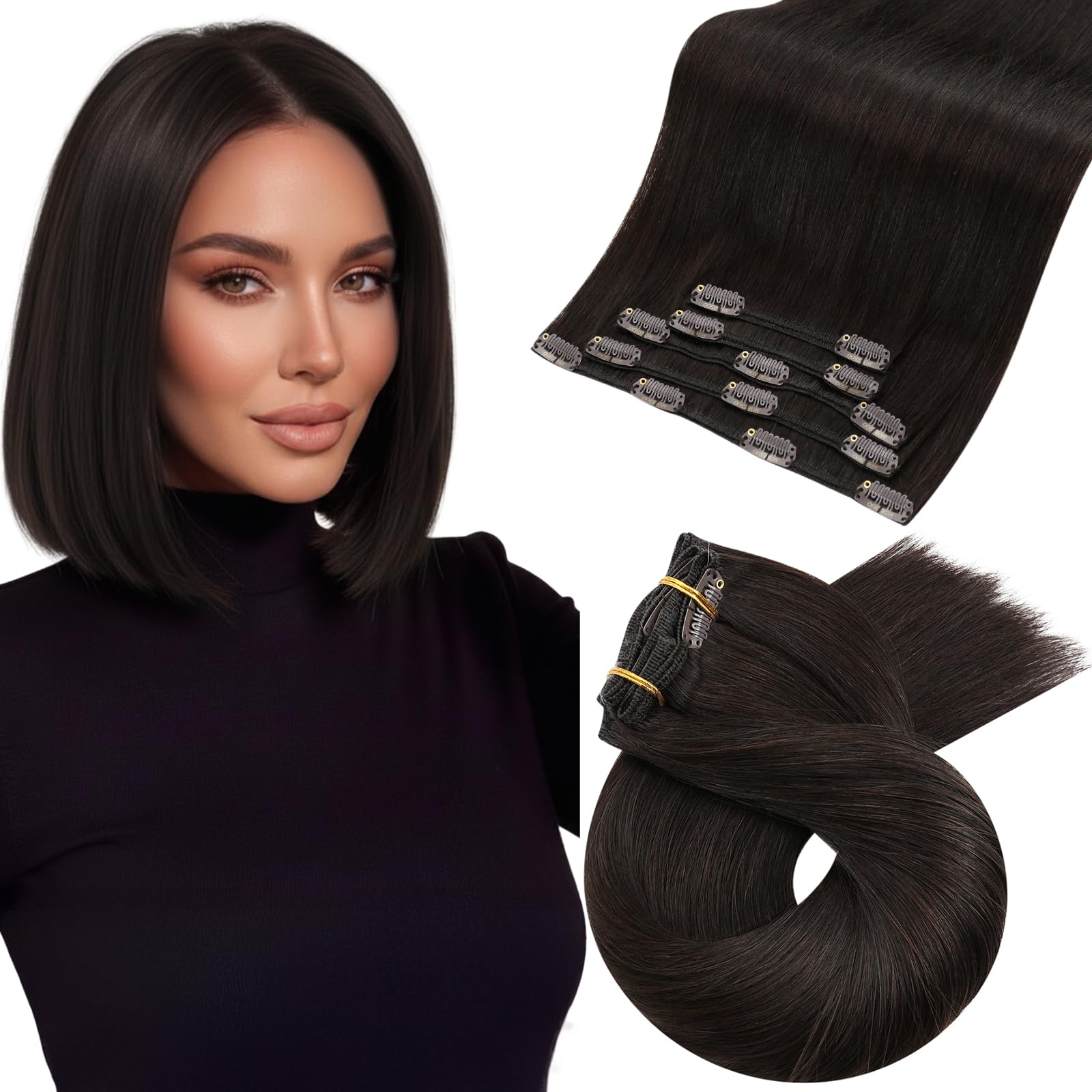 Moresoo Hair Extensions Clip in Real Hair Dark Brown Invisible Full Head Clip in Human Hair Extensions Brunette Shoulder-length Short Remy Hair 12 Inch 5 Pieces/80g #2