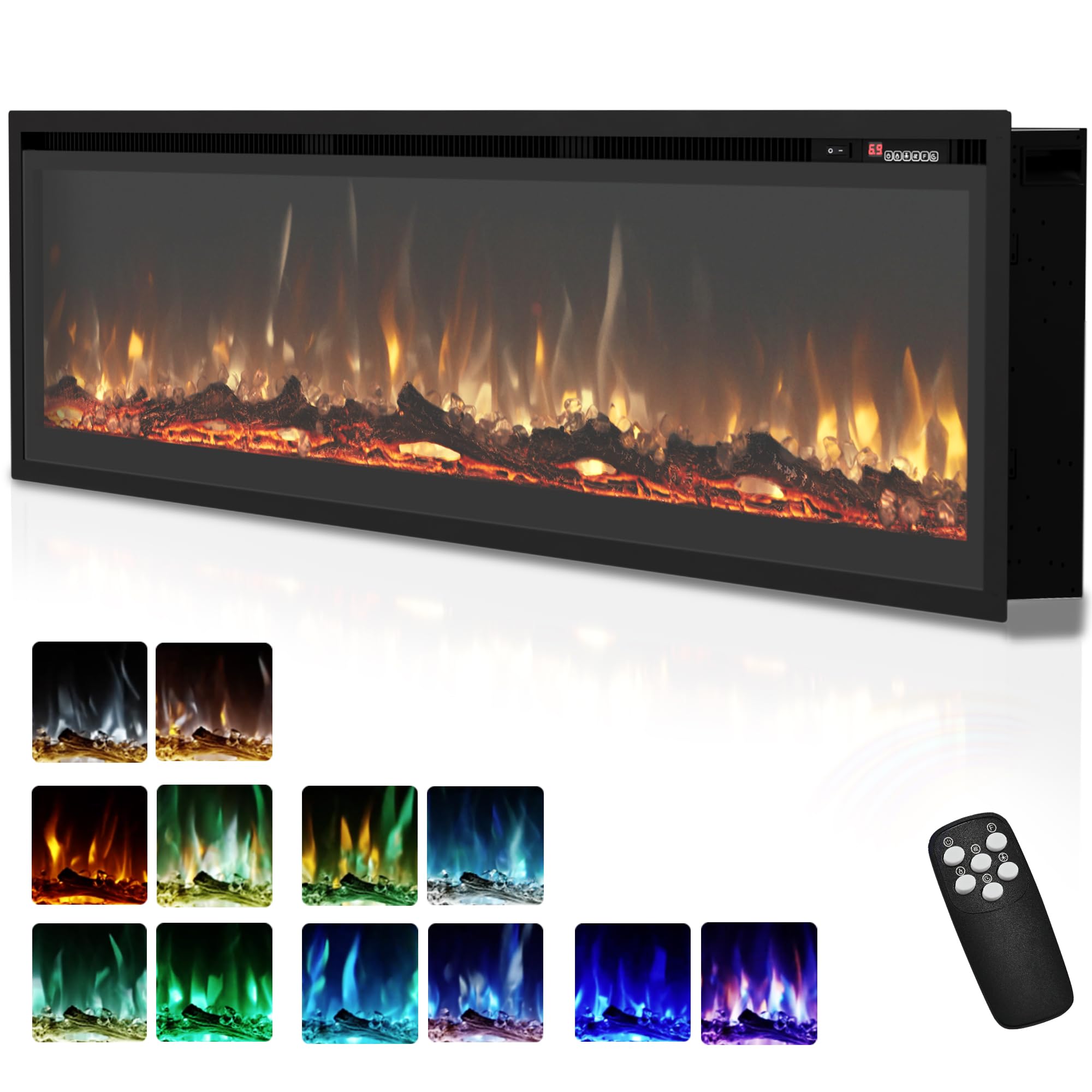 EUHOMY 60 Inch Electric Fireplace Recessed Wall Mounted Freestanding with Remote Control, Ultra-thin Fireplace Heater with Adjustable Flame Color, Linear Fireplace with Timer, Log & Crystal, 750/1500W Image