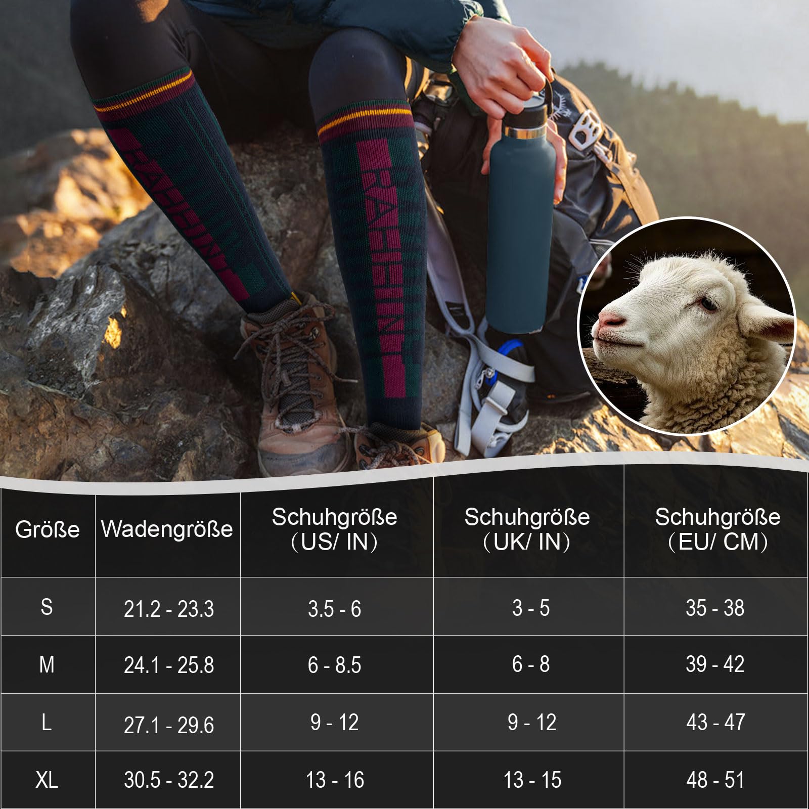 Rahhint Skisocken aus Merinowolle Thermosocken Wintersocken Warme Dicke Kniestrümpfe Kompressions Snowboardsocken, Kniehohe,für Herren und Damen, Größe 35-51，2 Paar 6