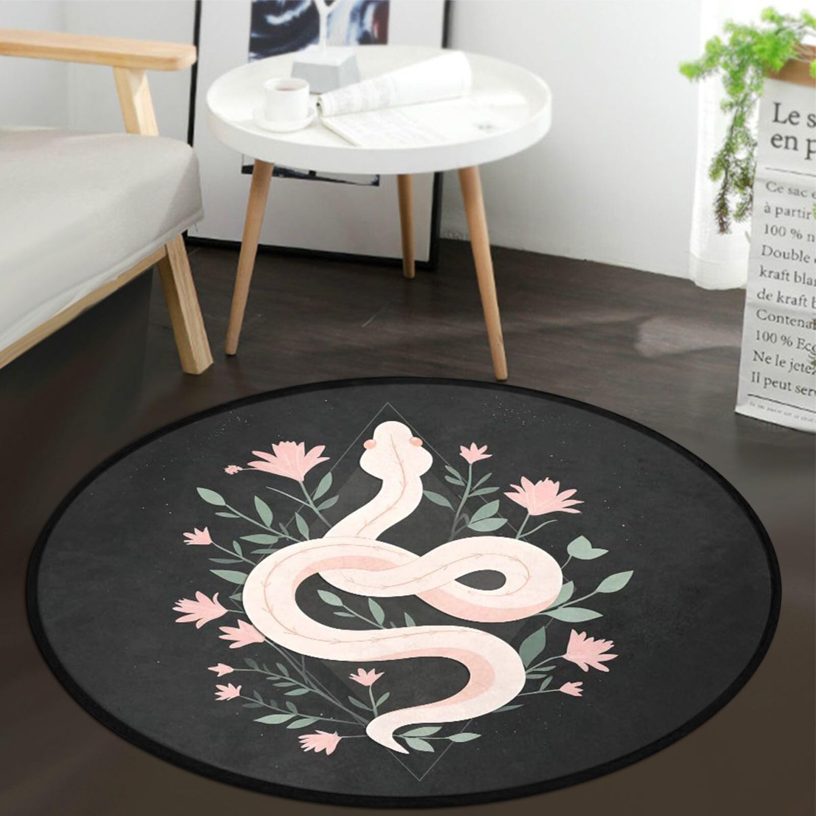 Photo 1 of keepcute Round Flowers Area Rug - Snake Non-Slip Black Rugs Floor Mat Washable Soft Floor Carpet for Living Room Absorbent Round Yoga Mat 4 Feet Diameter