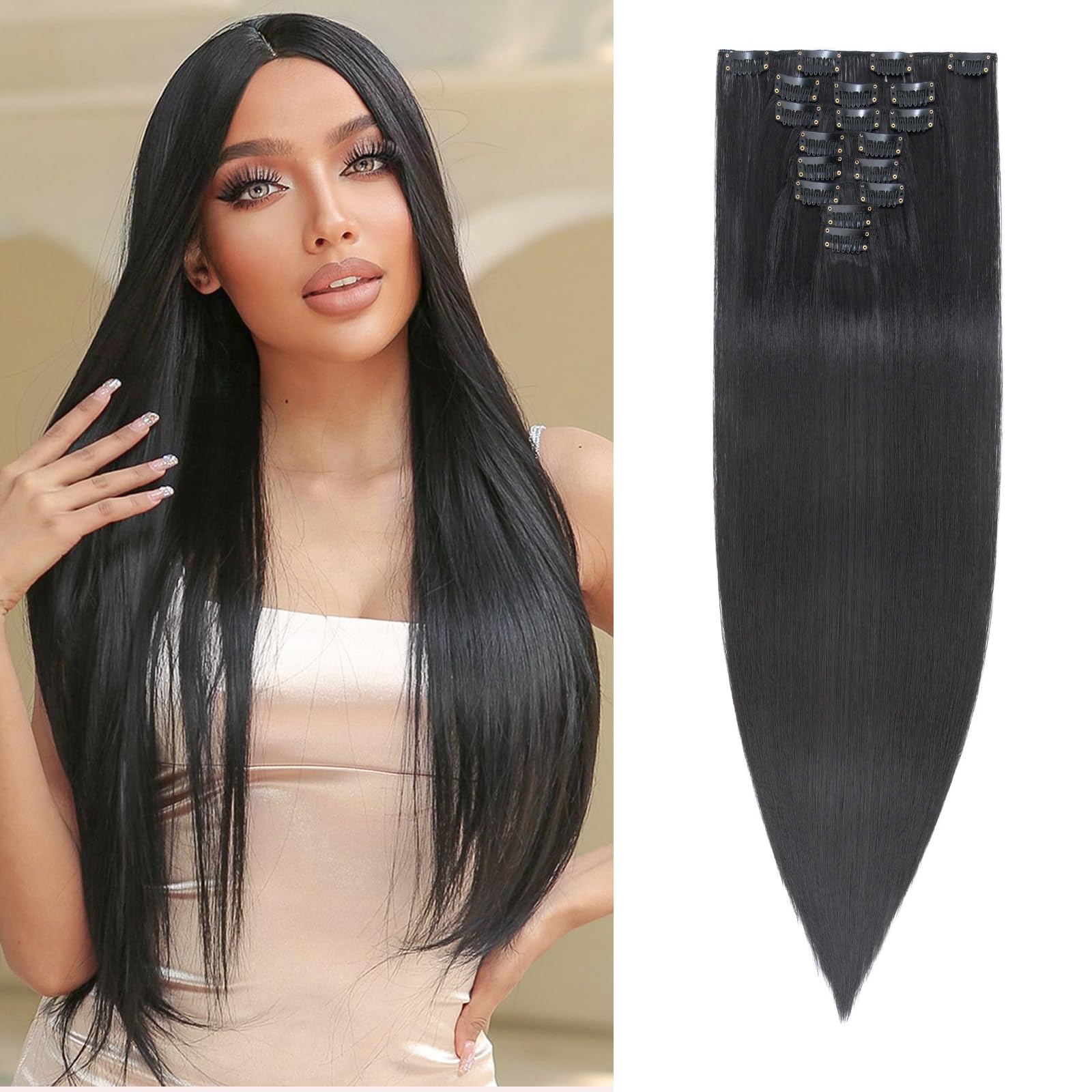 26" Long Straight Clip in Hair Extensions Full Head 8Pcs 18Clips Ombre Colorful Synthetic Hair Clip in Hairpiece Natural Black