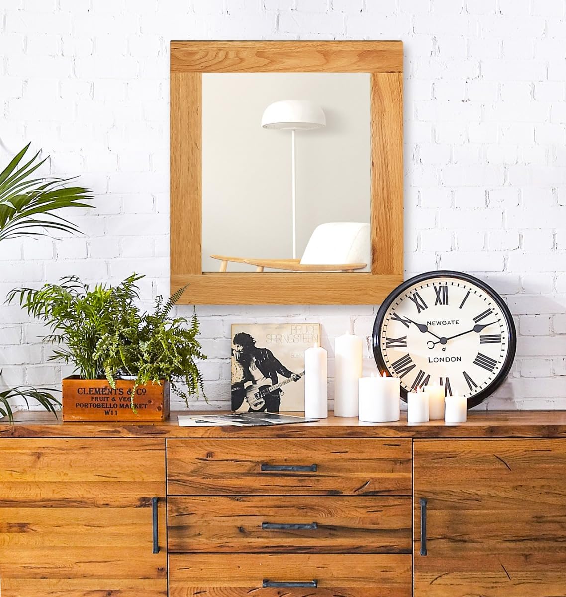 Hallowood Furniture Waverly Oak Small Wall Mirror, Rectangular Solid Oak Wood Framed Mirror Wall Hanging Landscape or Portrait, Ideal for Bathroom, Living Room or Hallway (68 x 58cm)